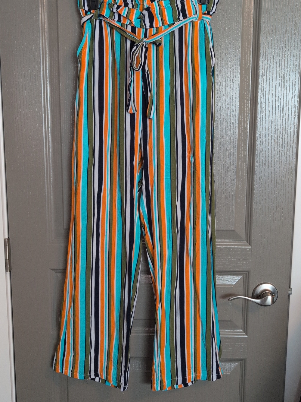 High-Rise Paperbag Waist Striped Wide-Leg Pants — Teal, Orange, Navy, White